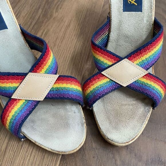 Vintage 70s 80s Rapallo Rainbow Wedge Mules Heels 7 38 - Picture 5 of 13